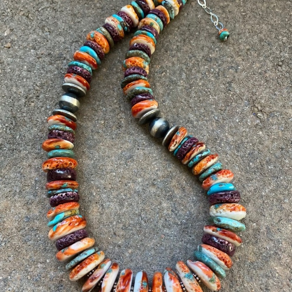 S.S.Multi StoneTurquoiseSpiny Oyster Bead Necklace - Picture 6 of 8